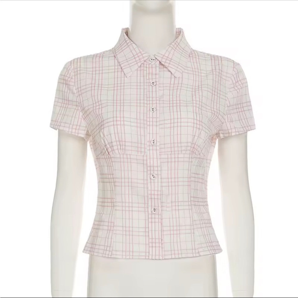 Pink and White Plaid Button-Up Blouse Small